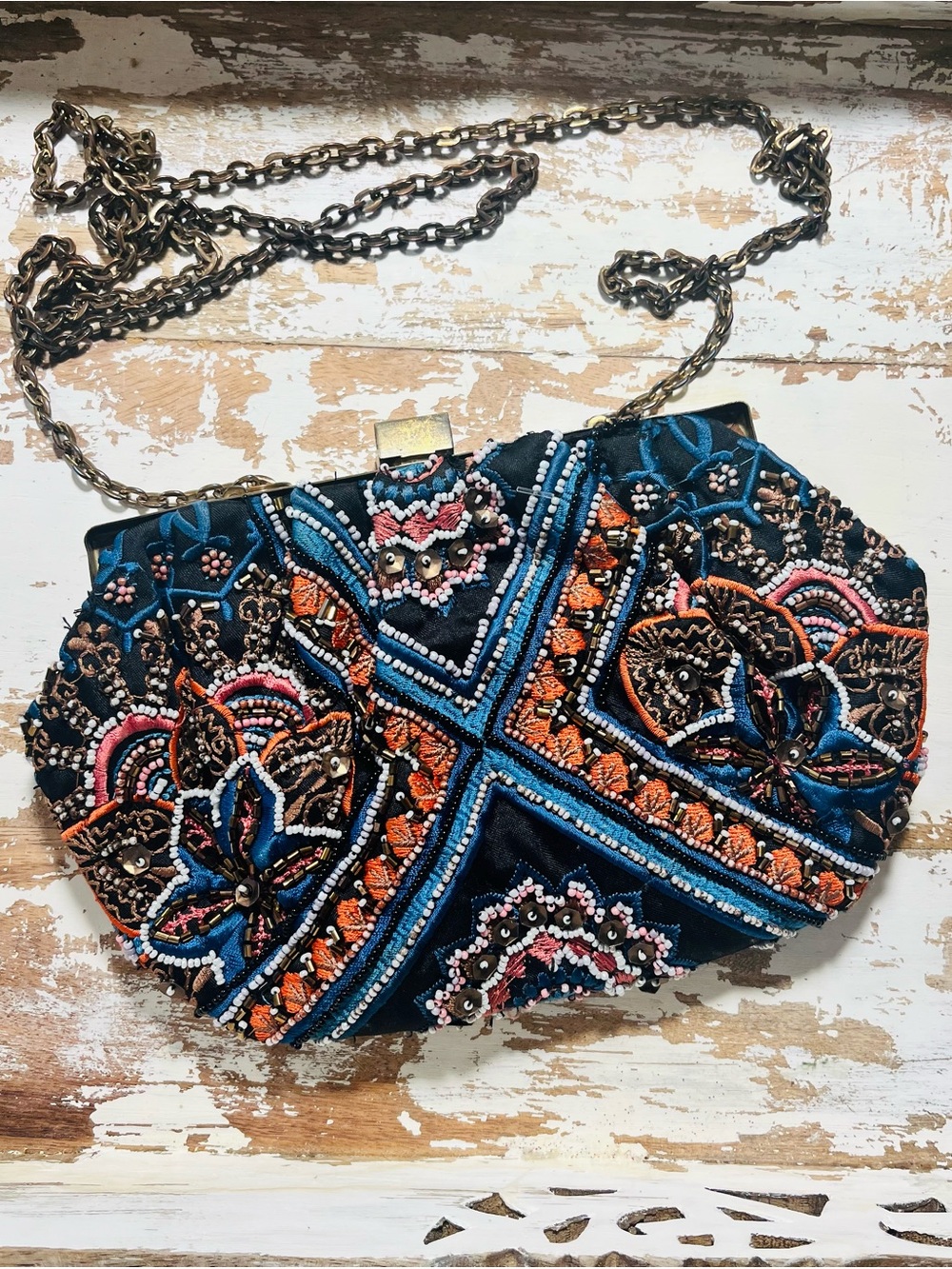 Anthropologie Black Blue Coral Embellished Beaded Embroidered Chain Clutch Bag